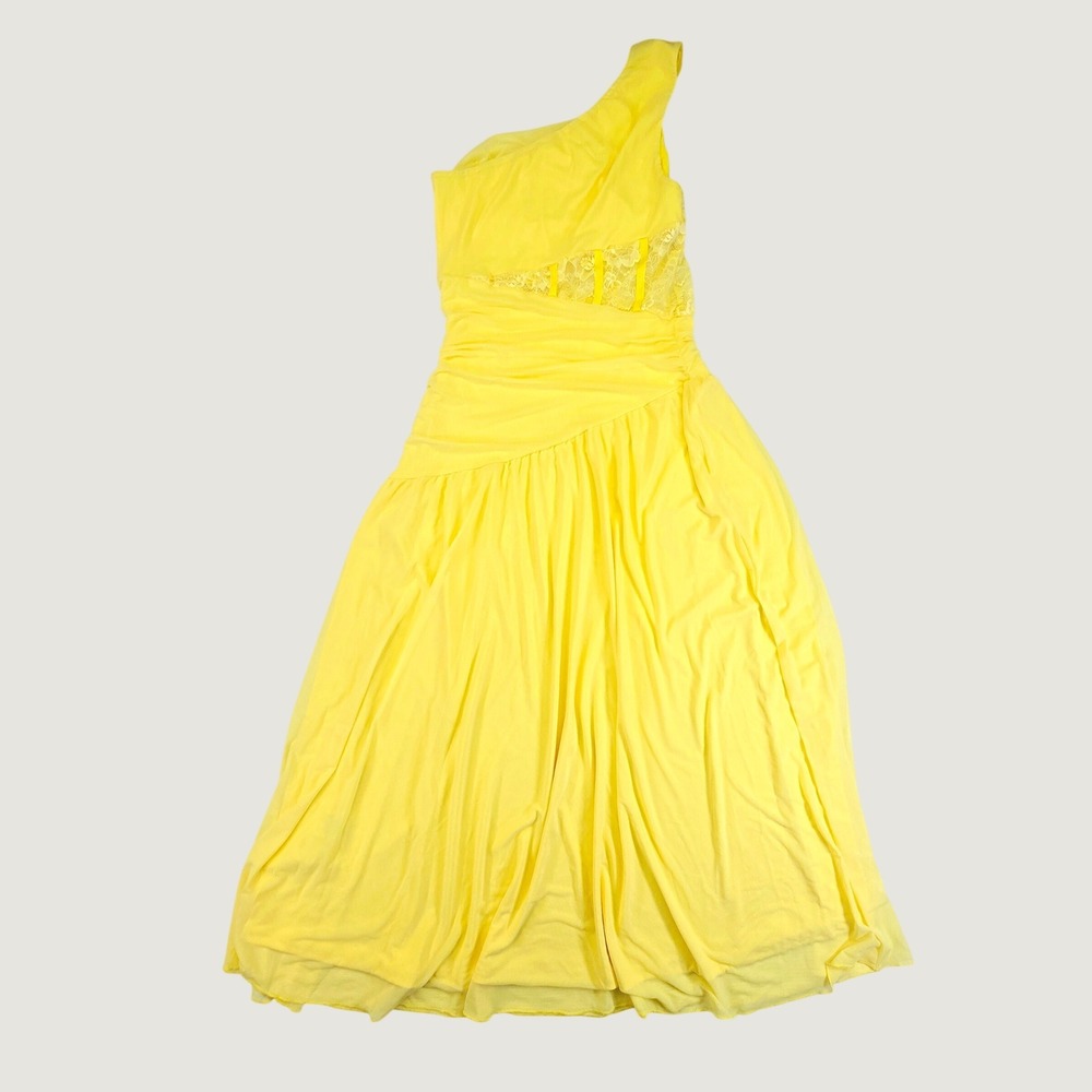 Shein Women One Shoulder Maxi Dress Size Small Yellow Lace Ruched Formal Prom